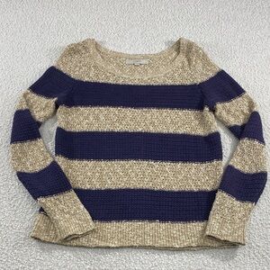 LOFT Women's Navy and Gold Striped Knit Sweater woman’s large